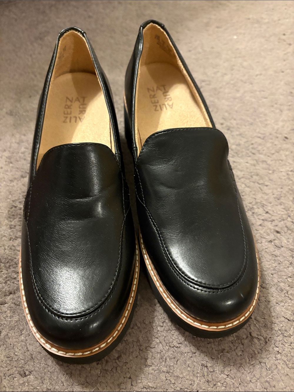 Naturalizer Black Leather Slip-On Loafers with Tan Welt
